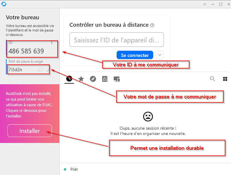 Lancement de l'outil de prise en main à distance